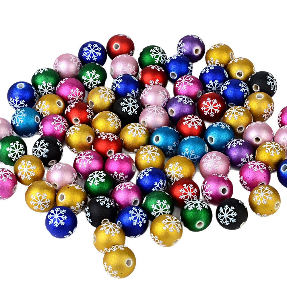 100Pcs matte feel paint Christmas series three-sided printing snowflake straight hole round bead DIY jewelry mobile phone chain bead pen accessories