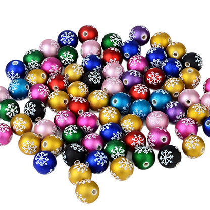100Pcs matte feel paint Christmas series three-sided printing snowflake straight hole round bead DIY jewelry mobile phone chain bead pen accessories