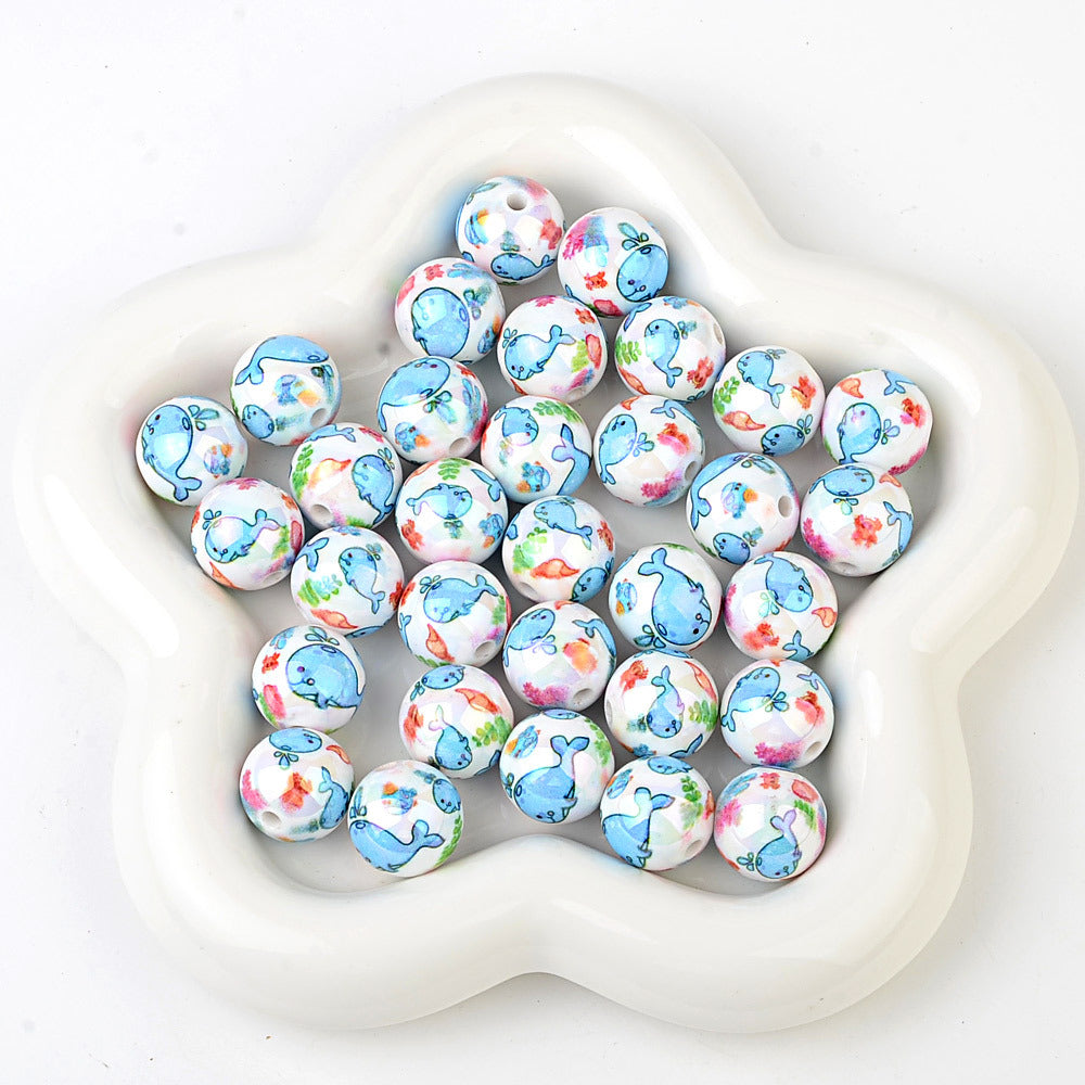 100Pcs 16mm acrylic solid color plating color printing marine biological straight hole round beads DIY mobile phone rope keychain accessories