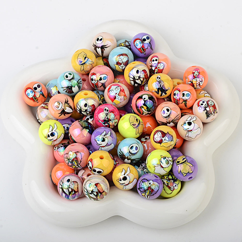 100Pcs Christmas Eve Horror Acrylic Solid Color Printing Halloween Theme Through Hole Loose Beads DIY Handmade Bead Pen Accessories
