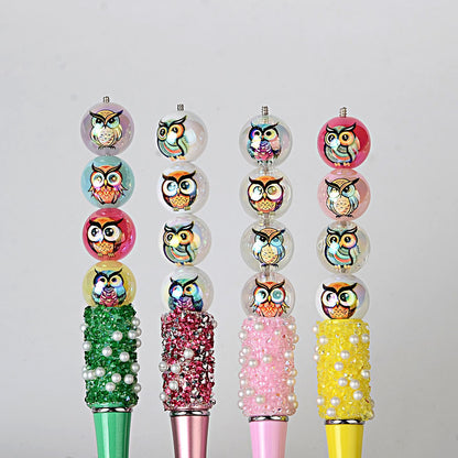 100Pcs 16mm acrylic solid color printing owl straight hole round bead DIY bead pen mobile phone chain pendant accessories