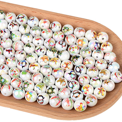 100Pcs Christmas elements printed round beads Santa Claus Christmas tree gingerbread man various acrylic beaded ornaments wholesale