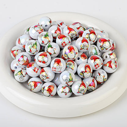 100Pcs Christmas elements printed round beads Santa Claus Christmas tree gingerbread man various acrylic beaded ornaments wholesale
