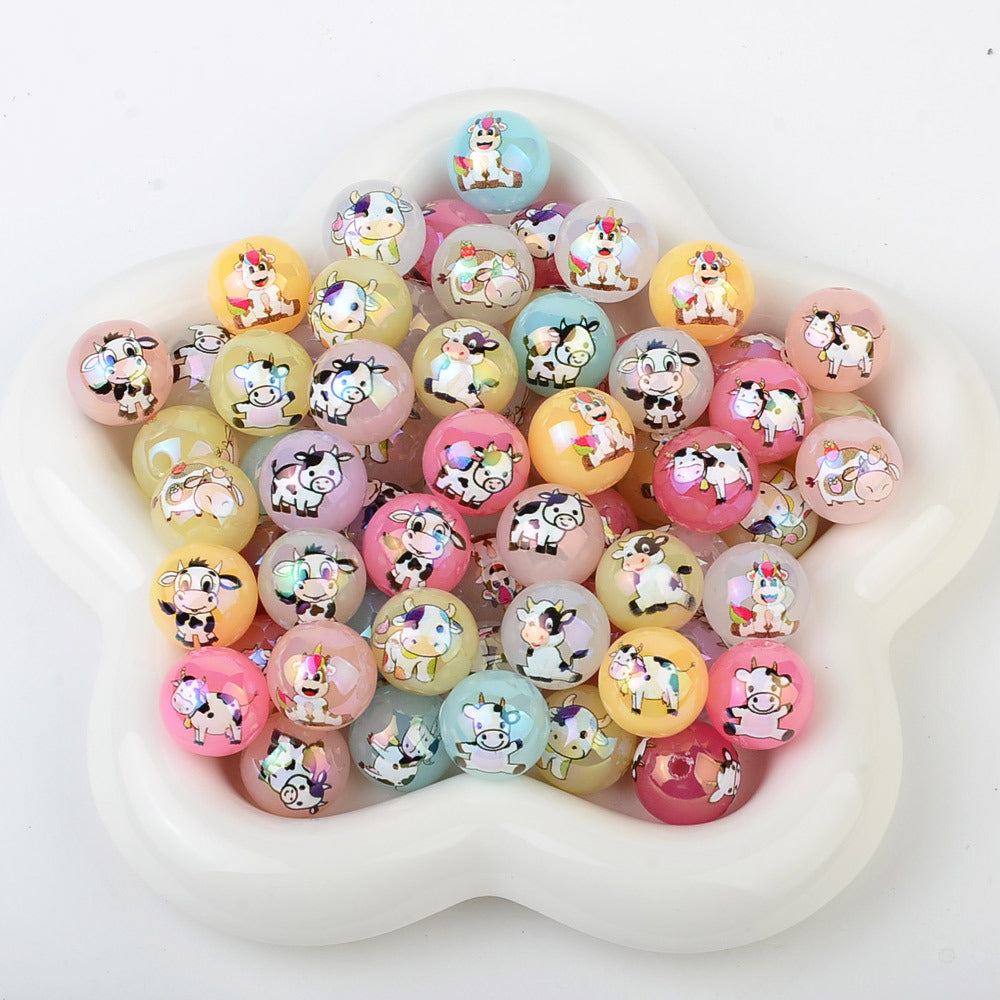 100Pcs acrylic personalized plated UV color printing cow round beads DIY handmade beaded loose bead string pen mobile phone chain jewelry accessories