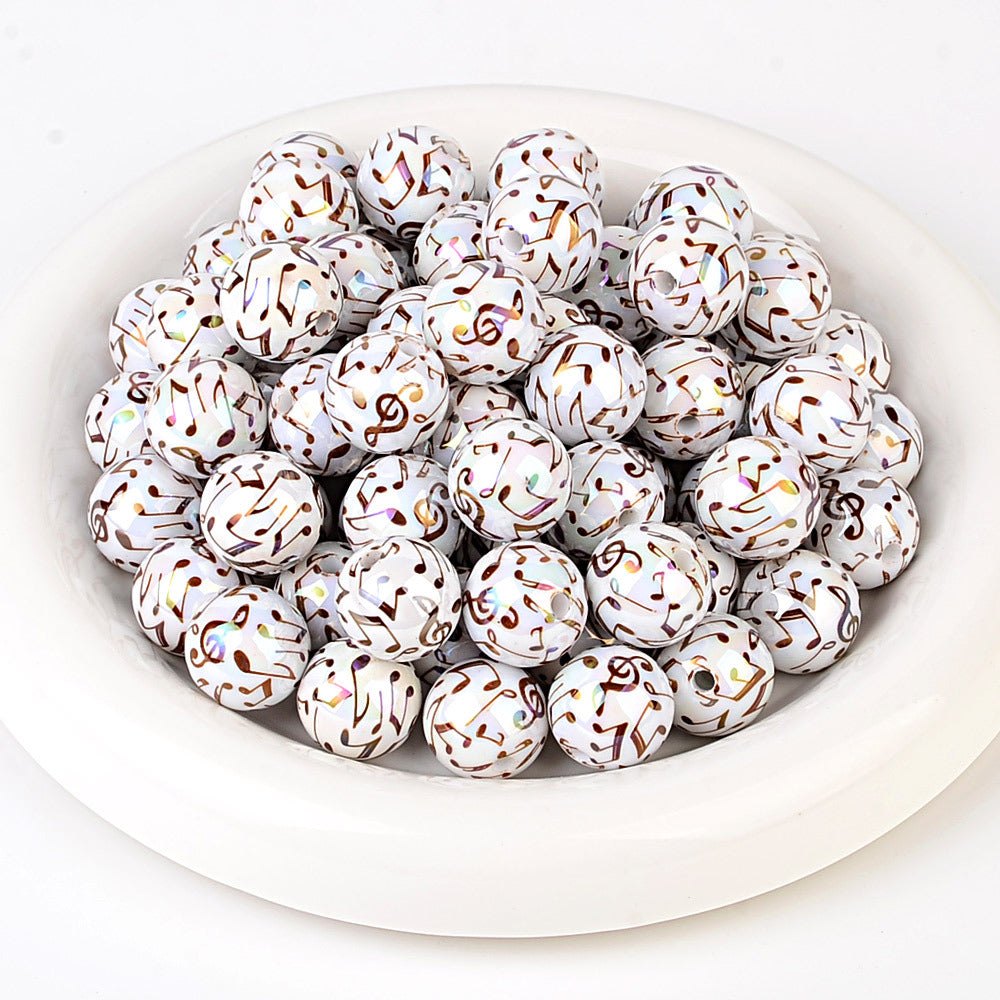100Pcs new color music symbol printing straight hole round beads DIY mobile phone chain bead pen plated color jewelry accessories wholesale