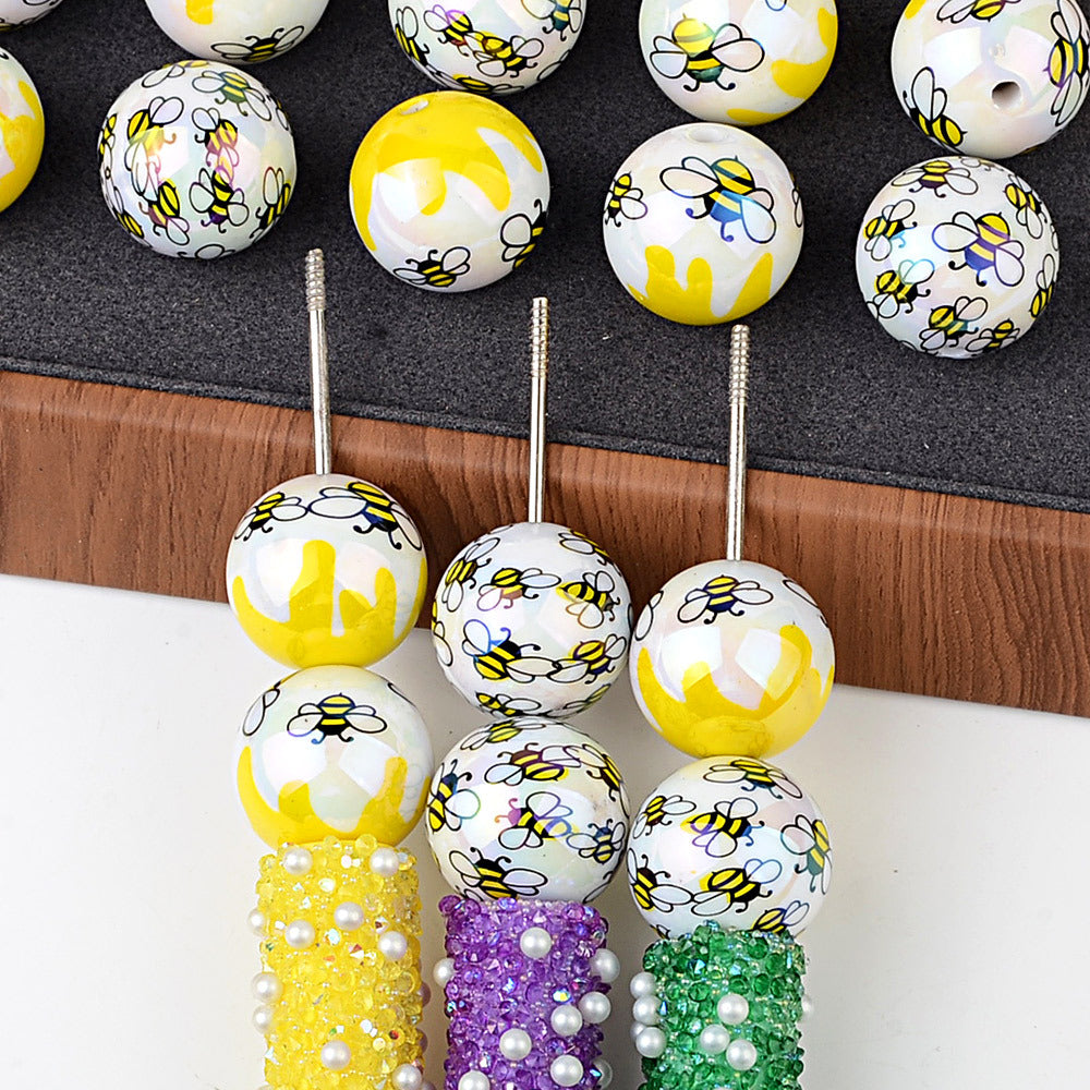 20Mm printed cartoon bee series straight hole round beads DIY printed round beads loose beads bead pen accessories