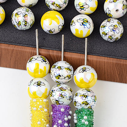 20Mm printed cartoon bee series straight hole round beads DIY printed round beads loose beads bead pen accessories