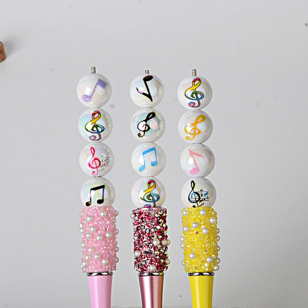 100Pcs acrylic solid color plated uv printing music note straight hole round beads DIY mobile phone keychain bead pen material wholesale