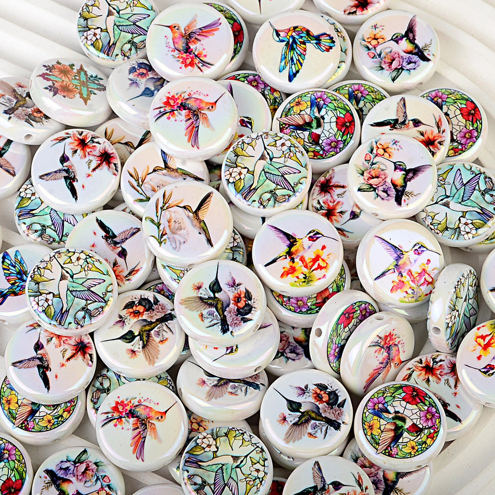100Pcs UV printed magpie bird acrylic hummingbird pattern beads DIY handmade bracelet necklace beaded material wholesale