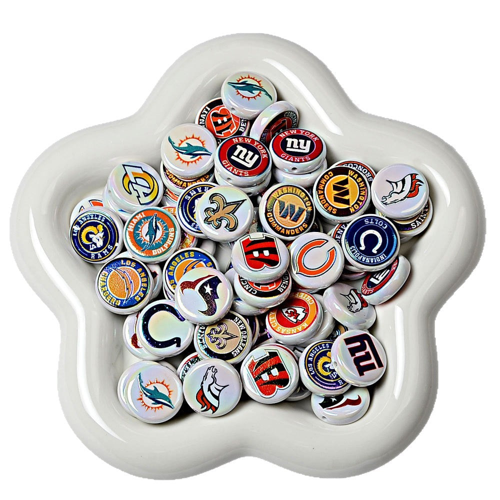 100Pcs 24mm NFL Football Team Acrylic Double Sided Printed Through Hole Beads DIY Bracelet Round Cake Beads