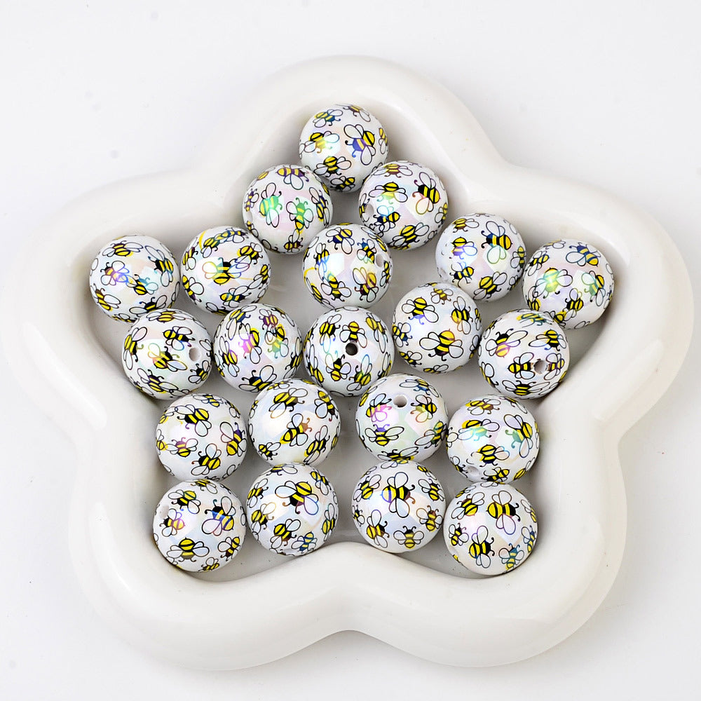 20Mm printed cartoon bee series straight hole round beads DIY printed round beads loose beads bead pen accessories