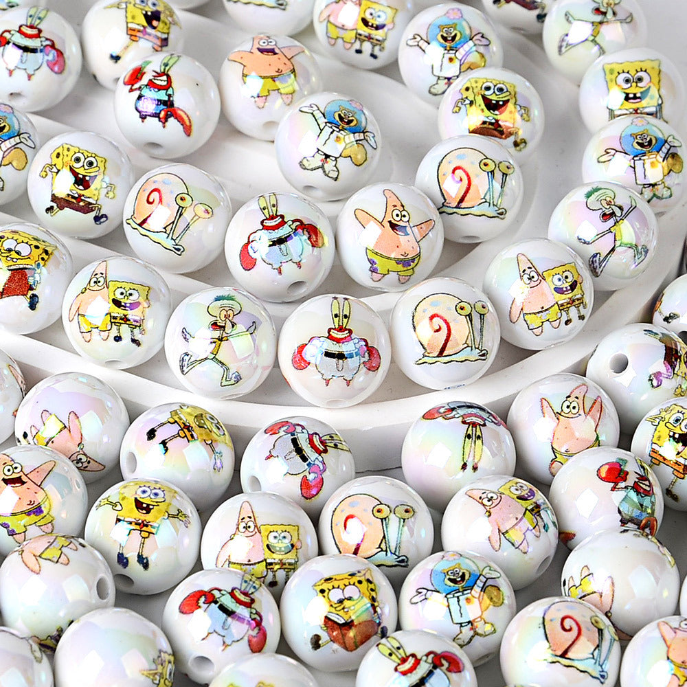 100Pcs 16mm acrylic SpongeBob SquarePants double-sided printing straight hole round beads DIY mobile phone rope keychain pen accessories