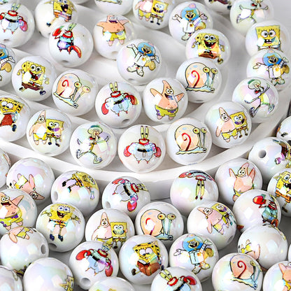 100Pcs 16mm acrylic SpongeBob SquarePants double-sided printing straight hole round beads DIY mobile phone rope keychain pen accessories