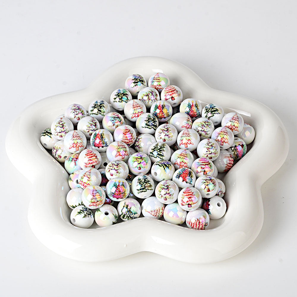100Pcs 16mm solid color Christmas beads printed Santa Claus Christmas tree beaded DIY mobile phone chain bag chain accessories