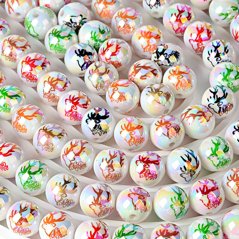100Pcs 16mmuv plated color printing beads Christmas elk antlers beaded DIY beaded pen mobile phone chain car hanging and other accessories