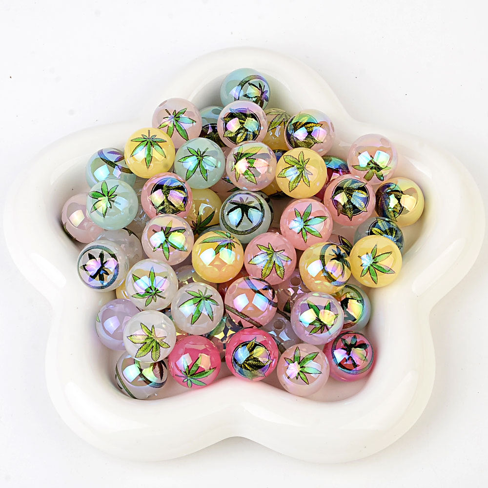 100Pcs color maple leaf printing beads, acrylic through-hole round beads Internet celebrity DIY jewelry accessories, cross-border wholesale
