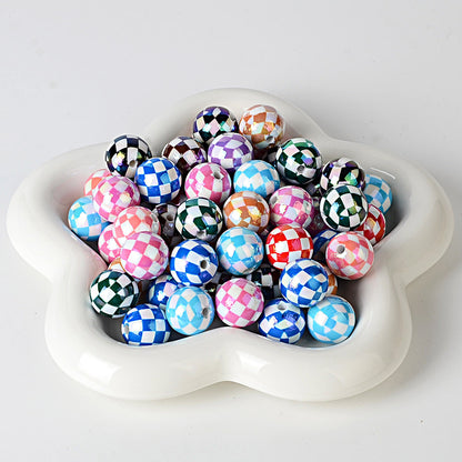 100Pcs UV plated color checkerboard square grid pattern round beads DIY handmade beaded loose bead string pen mobile phone chain jewelry accessories