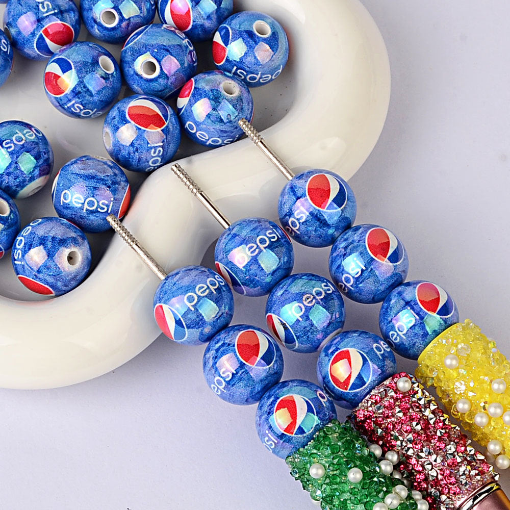 American beverage printed acrylic round bead blue bottom soda mark straight hole loose bead DIY bracelet keychain jewelry