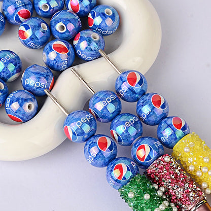 American beverage printed acrylic round bead blue bottom soda mark straight hole loose bead DIY bracelet keychain jewelry