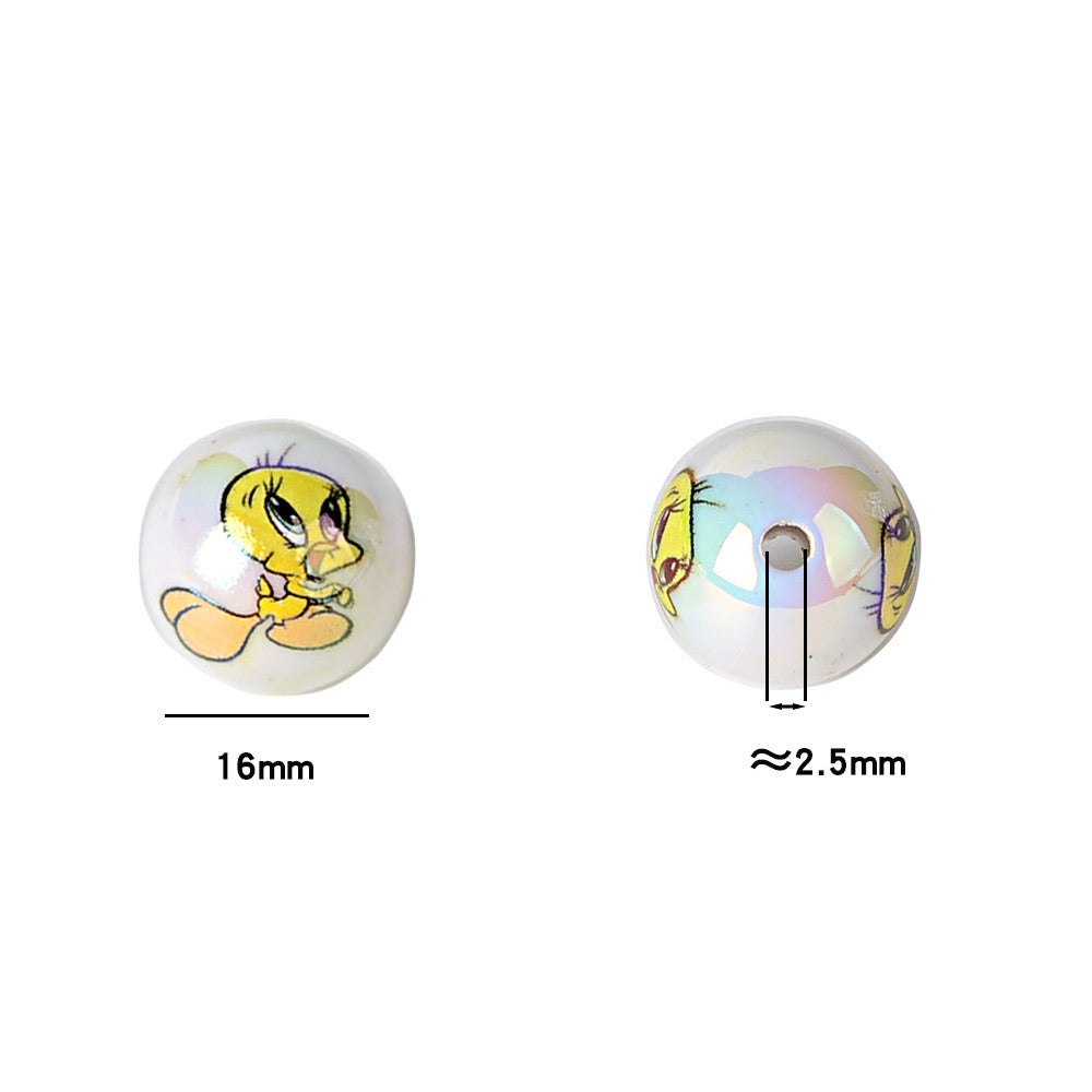 100Pcs 16mm acrylic solid color printing cartoon small yellow bird straight hole round beads, sub handmade DIY mobile phone rope jewelry accessories