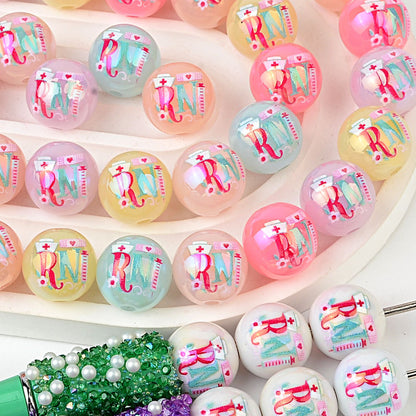 100Pcs Acrylic Nurse Occupation RN Nurse Logo Straight Hole Round Bead DIY Live Mobile Phone Rope Keychain Chain Pen Accessories