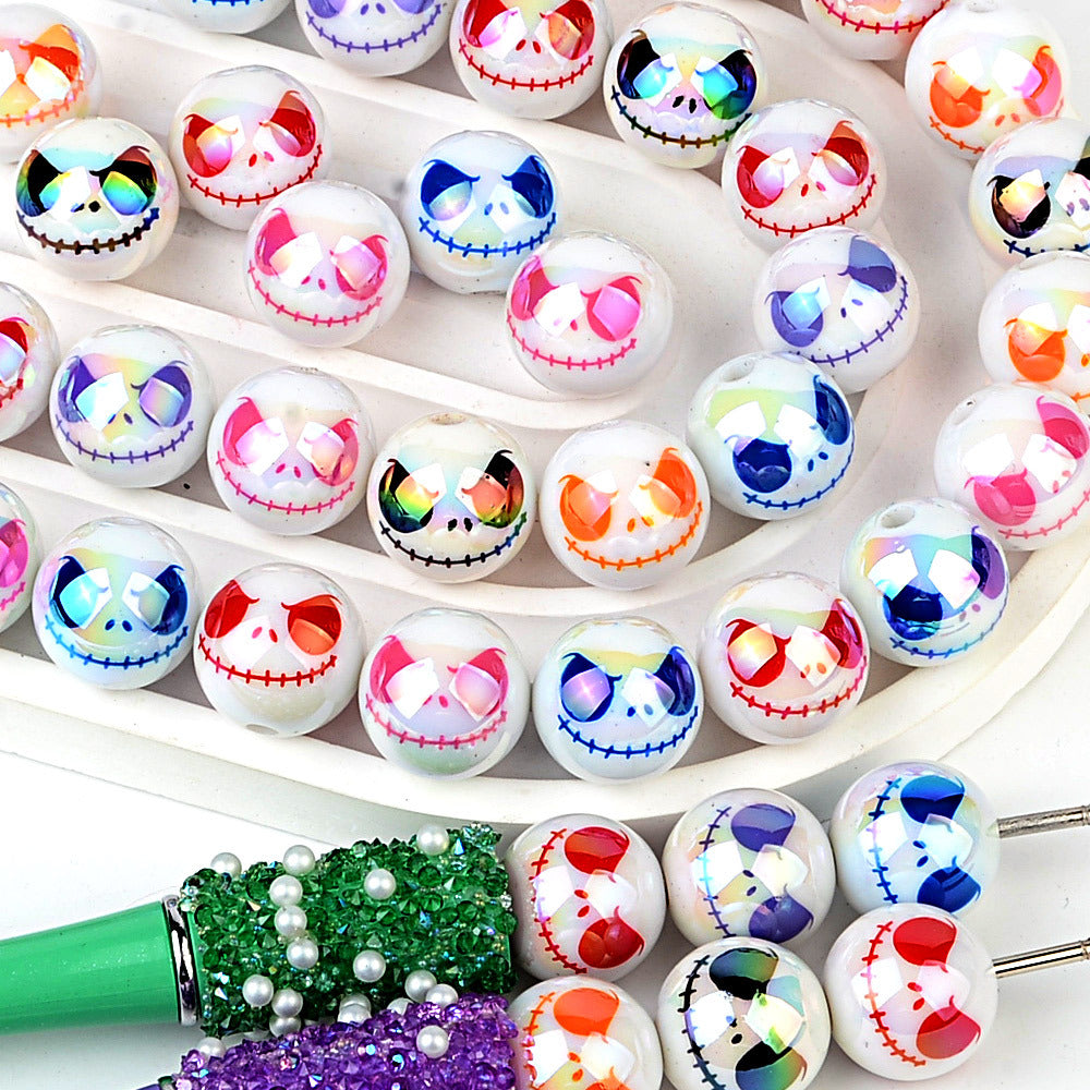 100Pcs acrylic plated UV printing Halloween grimace round beads DIY mobile phone chain keychain accessories bead pen decorative beads