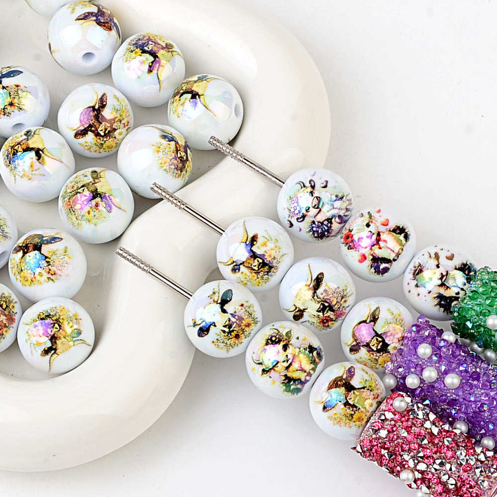 100Pcs acrylic double-sided printing cow head pattern straight hole round beads DIY mobile phone rope keychain string pen accessories wholesale