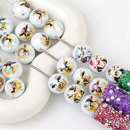 100Pcs acrylic double-sided printing cow head pattern straight hole round beads DIY mobile phone rope keychain string pen accessories wholesale