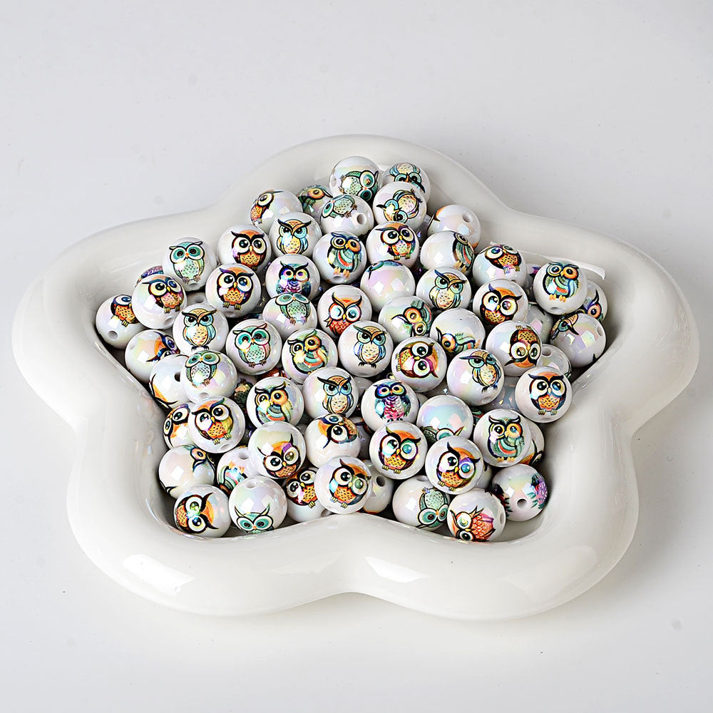 100Pcs 16mm acrylic solid color printing owl straight hole round bead DIY bead pen mobile phone chain pendant accessories