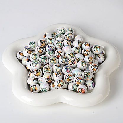 100Pcs 16mm acrylic solid color printing owl straight hole round bead DIY bead pen mobile phone chain pendant accessories