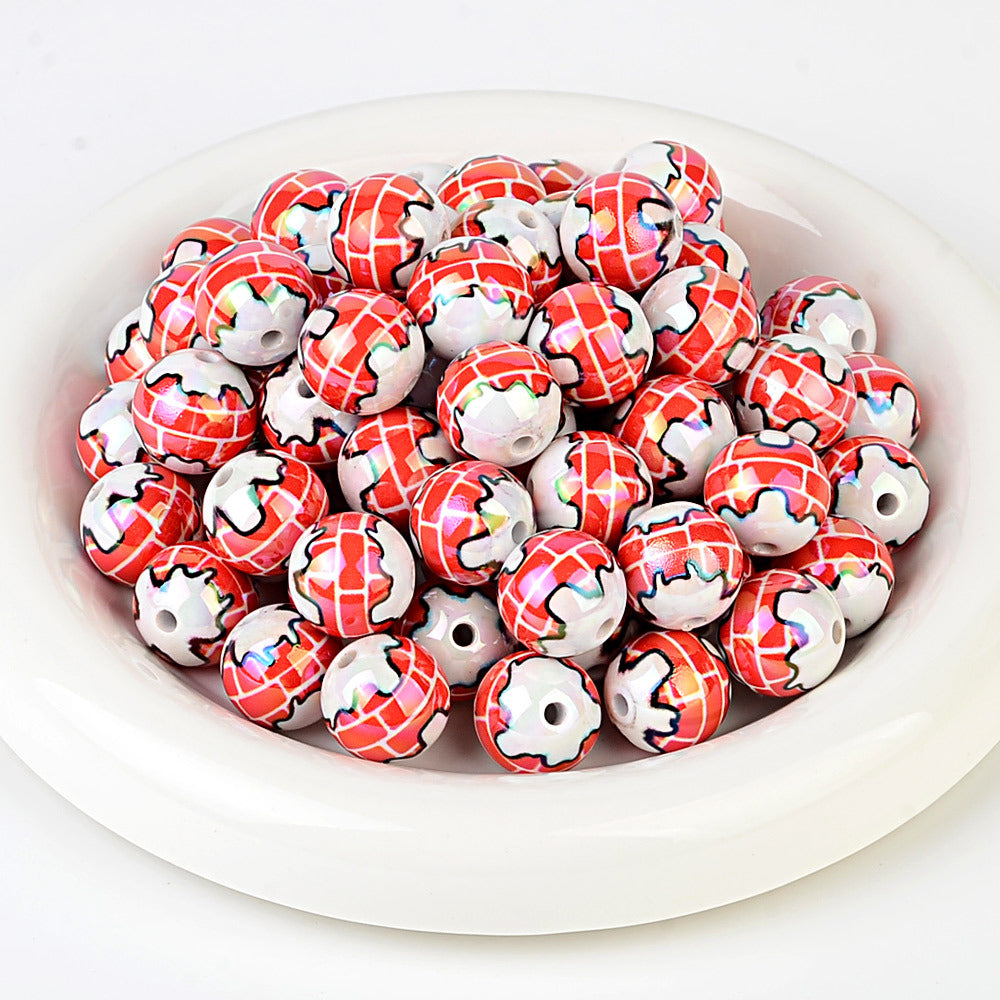 100Pcs Christmas red brick house printed round beads, through hole DIY handmade bracelet accessories loose beads Christmas beads