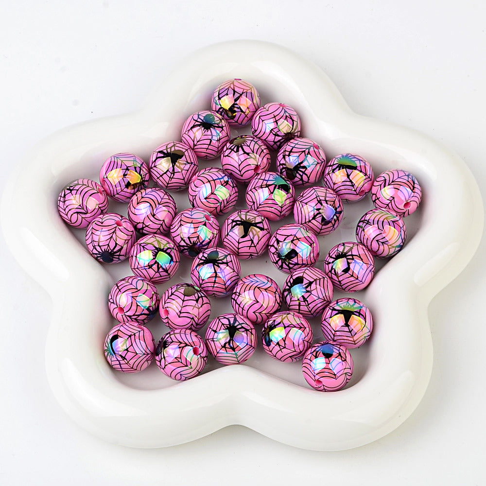 100Pcs 16mm acrylic plated Halloween theme spider straight hole round beads DIY mobile phone chain keychain accessories