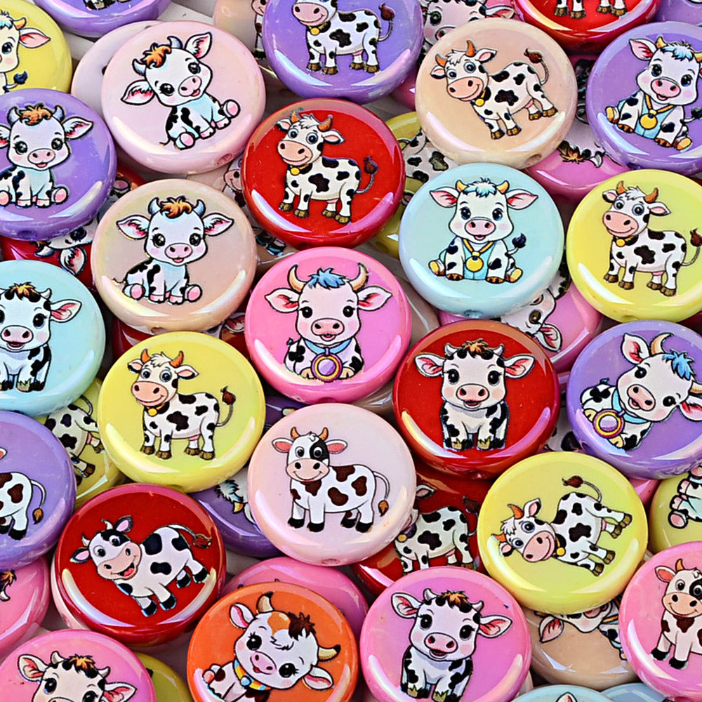100Pcs acrylic printing cartoon small cow round vertical hole beads DIY mobile phone rope keychain string pen matching