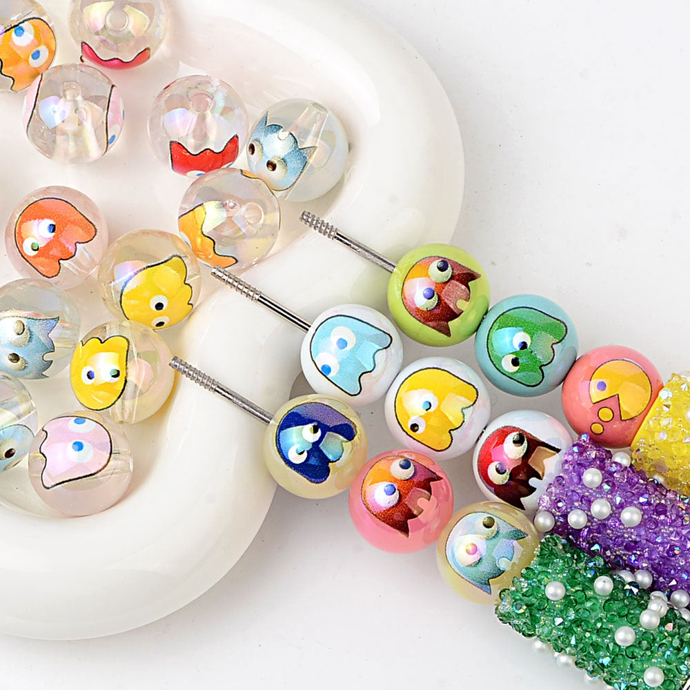 100Pcs 16mm acrylic solid color printing Pac-Man ghost straight hole round beads DIY handmade beaded jewelry accessories loose beads
