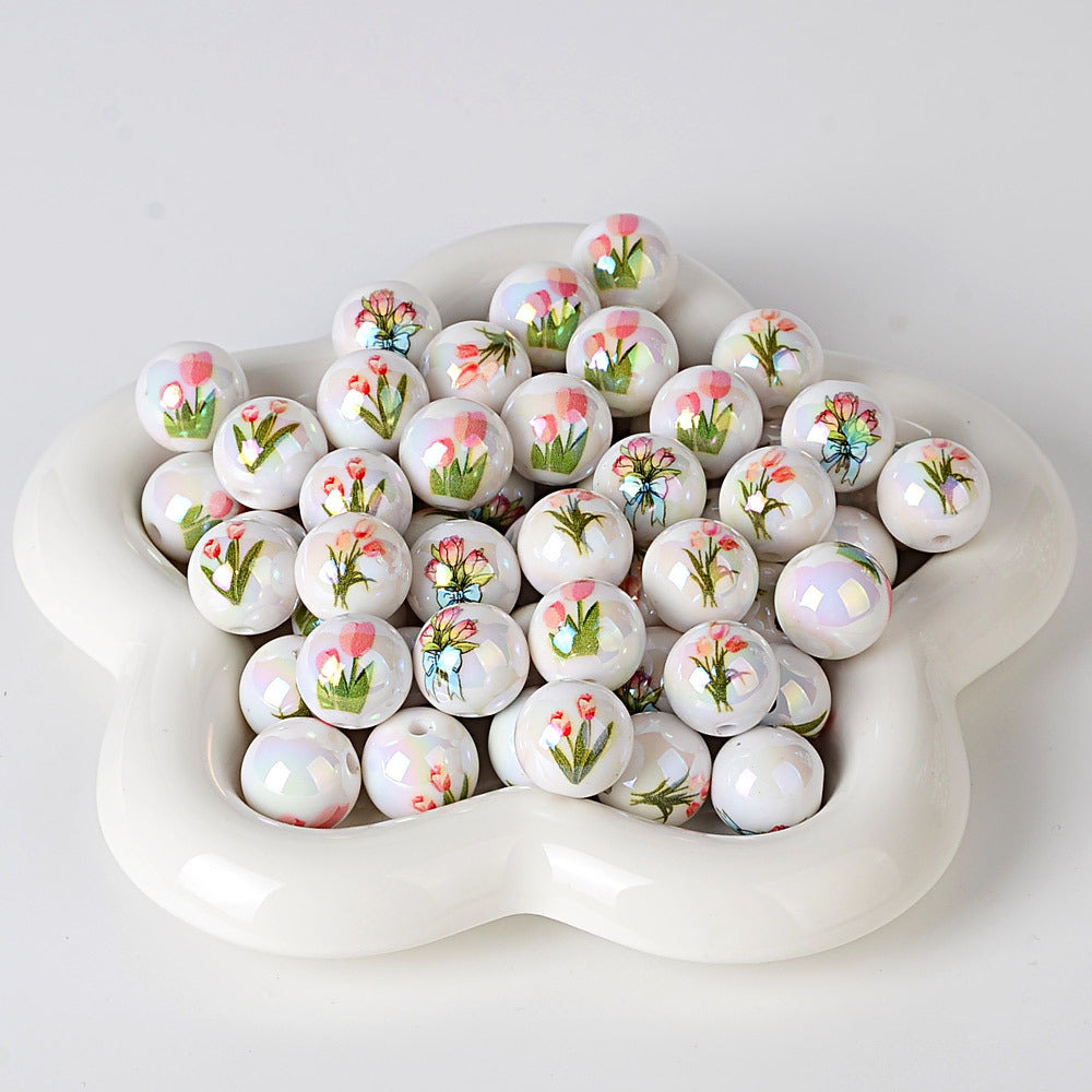 100Pcs tulip printed acrylic round beads, straight hole flower beaded accessories DIY handmade pen string bracelet material