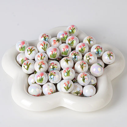 100Pcs tulip printed acrylic round beads, straight hole flower beaded accessories DIY handmade pen string bracelet material