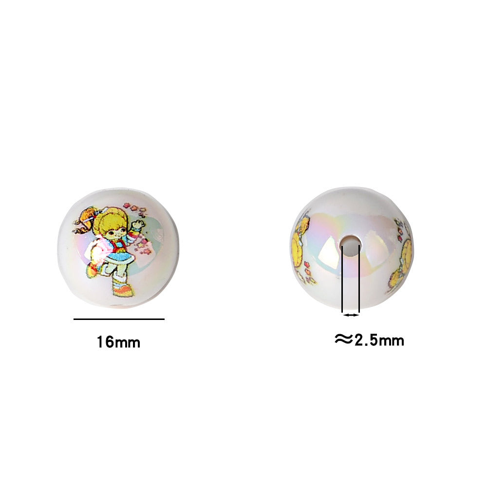 100PCS16mm acrylic plated uv printing cartoon rainbow fairy straight hole round bead DIY mobile phone rope keychain accessories