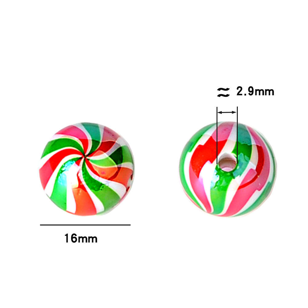 100Pcs 16mm acrylic Christmas color striped printed round beads DIY beaded mobile phone chain keychain loose beads wholesale