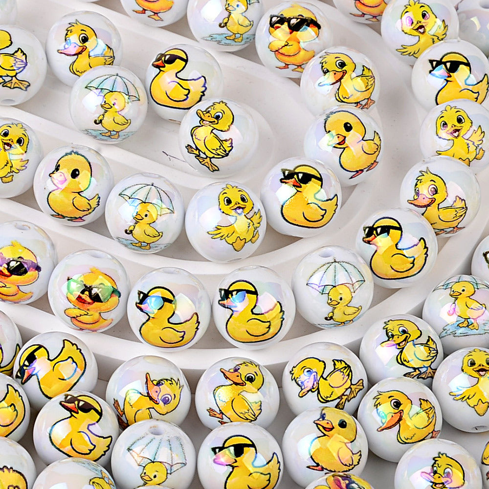 100Pcs acrylic UV plating color printing cartoon small yellow duck through hole round beads DIY handmade beaded mobile phone chain jewelry loose beads