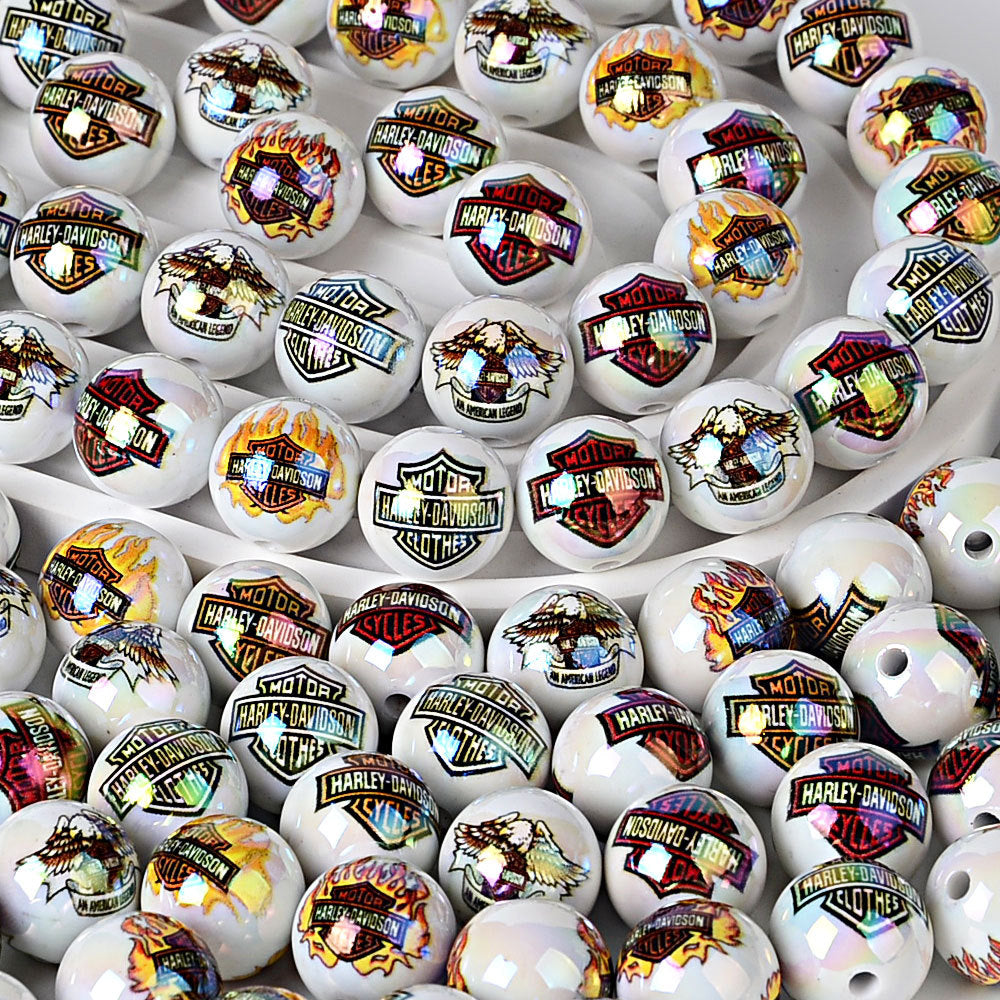 100Pcs 16mm acrylic printed Harley shield straight hole round beads DIY mobile phone chain bead pen hanging accessories