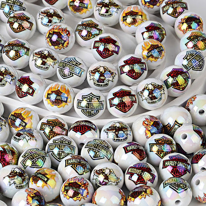 100Pcs 16mm acrylic printed Harley shield straight hole round beads DIY mobile phone chain bead pen hanging accessories