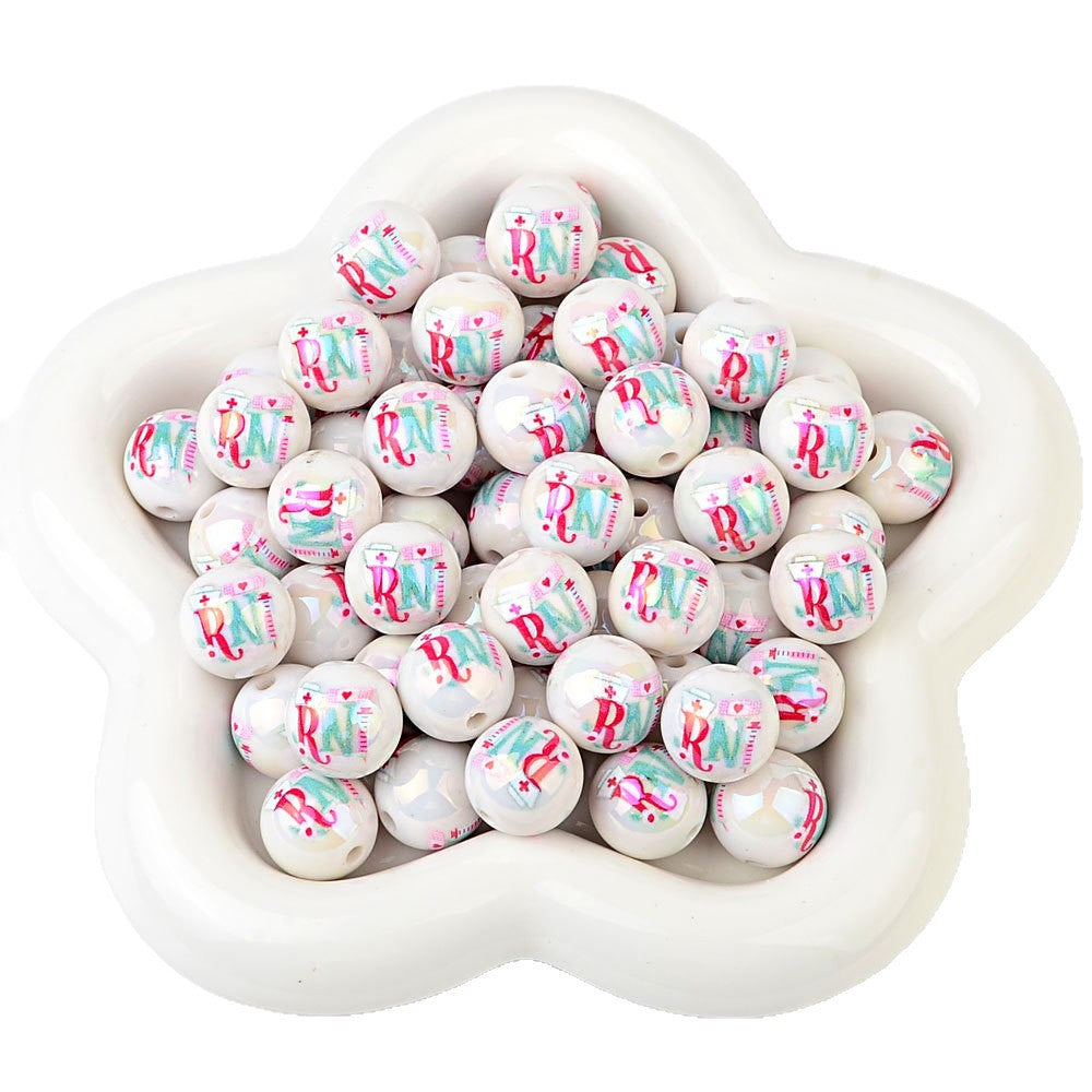 100Pcs Acrylic Nurse Occupation RN Nurse Logo Straight Hole Round Bead DIY Live Mobile Phone Rope Keychain Chain Pen Accessories