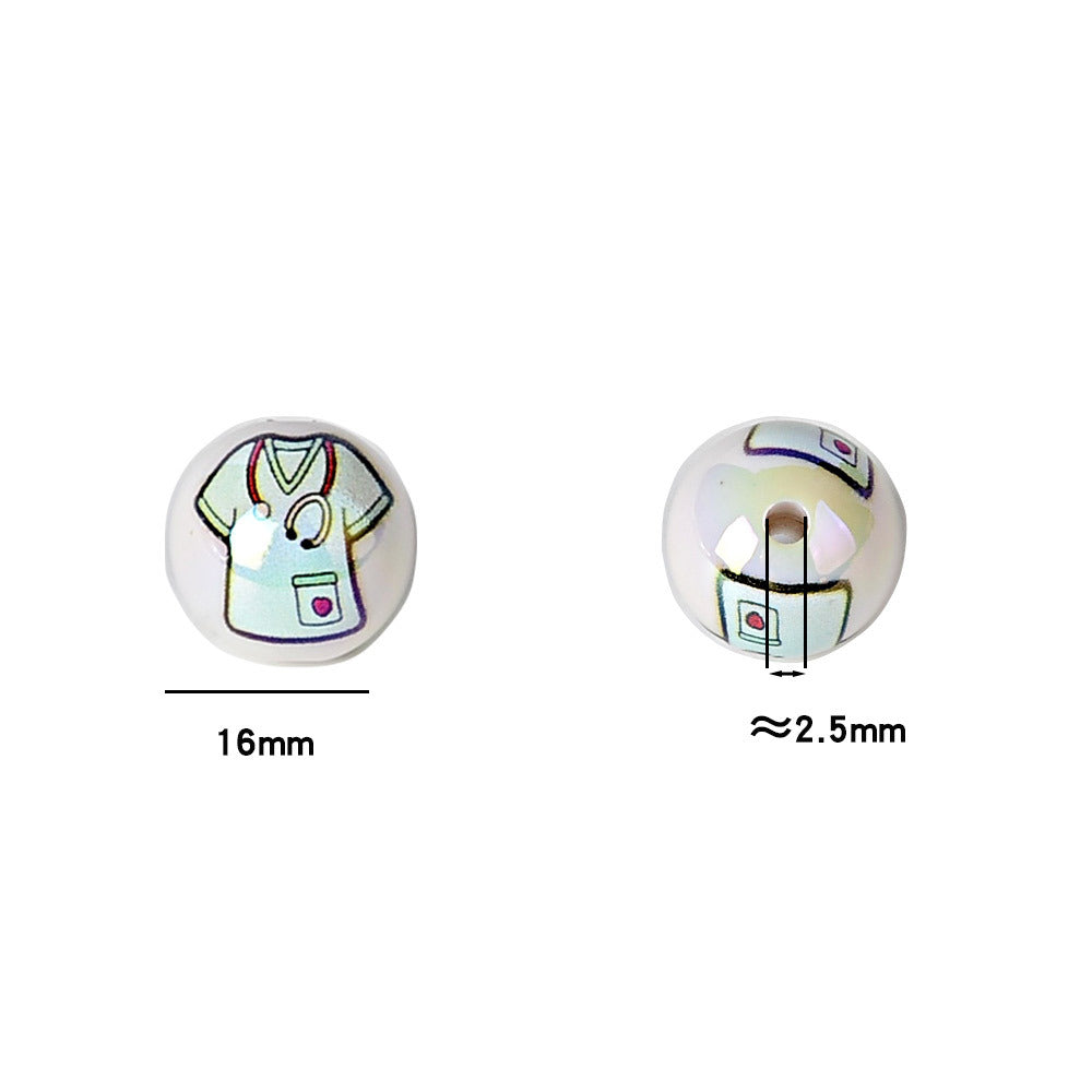 100Pcs 16mm acrylic UV printing nurse clothing straight hole round beads DIY mobile phone rope keychain bead pen accessories