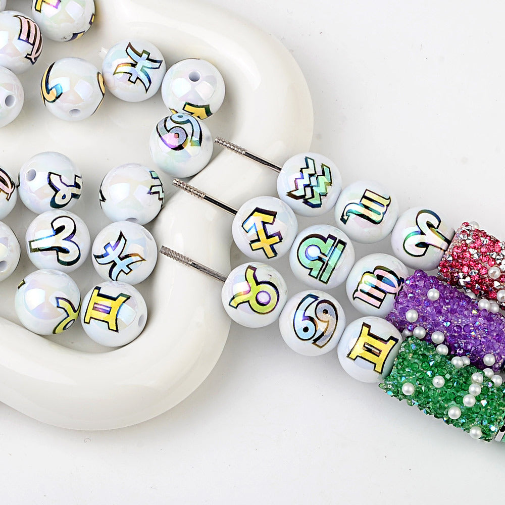 100Pcs acrylic printing twelve constellation symbols through hole round beads DIY mobile phone chain bag chain bead pen jewelry accessories