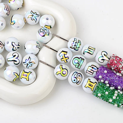 100Pcs acrylic printing twelve constellation symbols through hole round beads DIY mobile phone chain bag chain bead pen jewelry accessories
