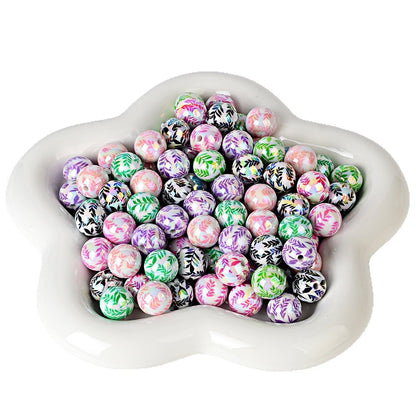 100Pcs 16mm acrylic plated color printed willow leaf round beads DIY handmade beaded loose beads mobile phone chain jewelry accessories