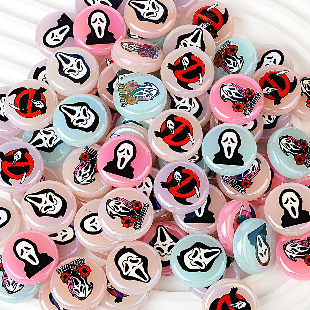 100Pcs Halloween elements grimace printing through hole flat beads DIY bead pen mobile phone chain jewelry loose beads accessories