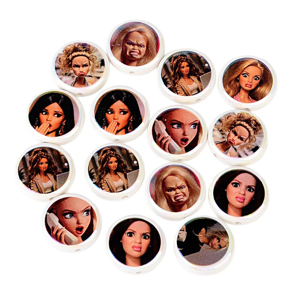 100Pcs 24mm acrylic flat bead printing funny Barbie emoji through hole loose beads DIY mobile phone chain bead pen accessories