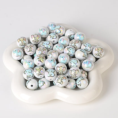 100Pcs 16mm acrylic solid color double-sided printing baby elephant straight hole round beads DIY handmade beaded jewelry accessories loose beads