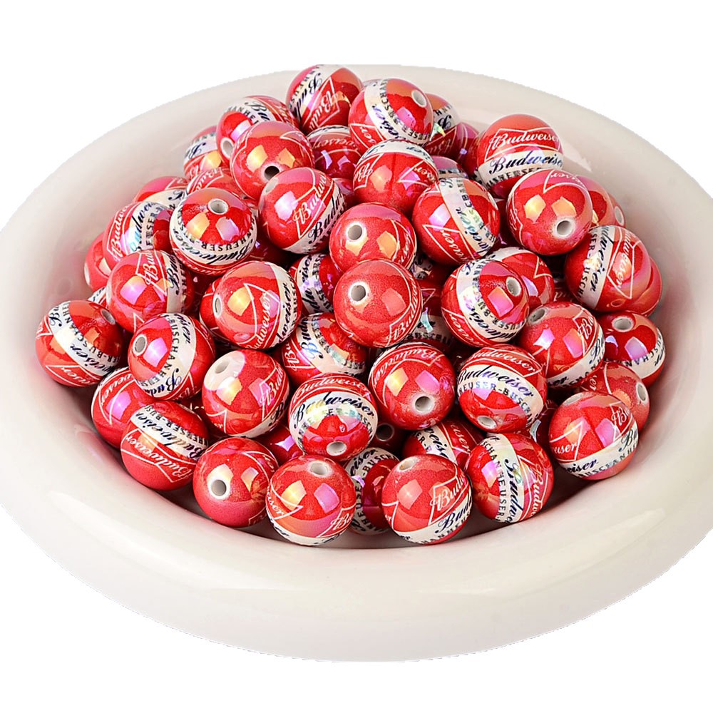 100Pcs 16mm acrylic printing red Budweiser straight hole round beads DIY mobile phone chain keychain bead jewelry accessories